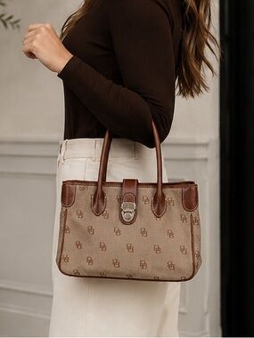 Dooney & Bourke Brown Monogram Leather and Canvas Shoulder Bag Tote Purse